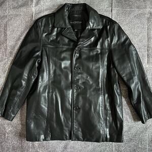 Men's Vintage Y2K Andrew Marc Black Leather Button Up Long Driver Coat Jacket XL